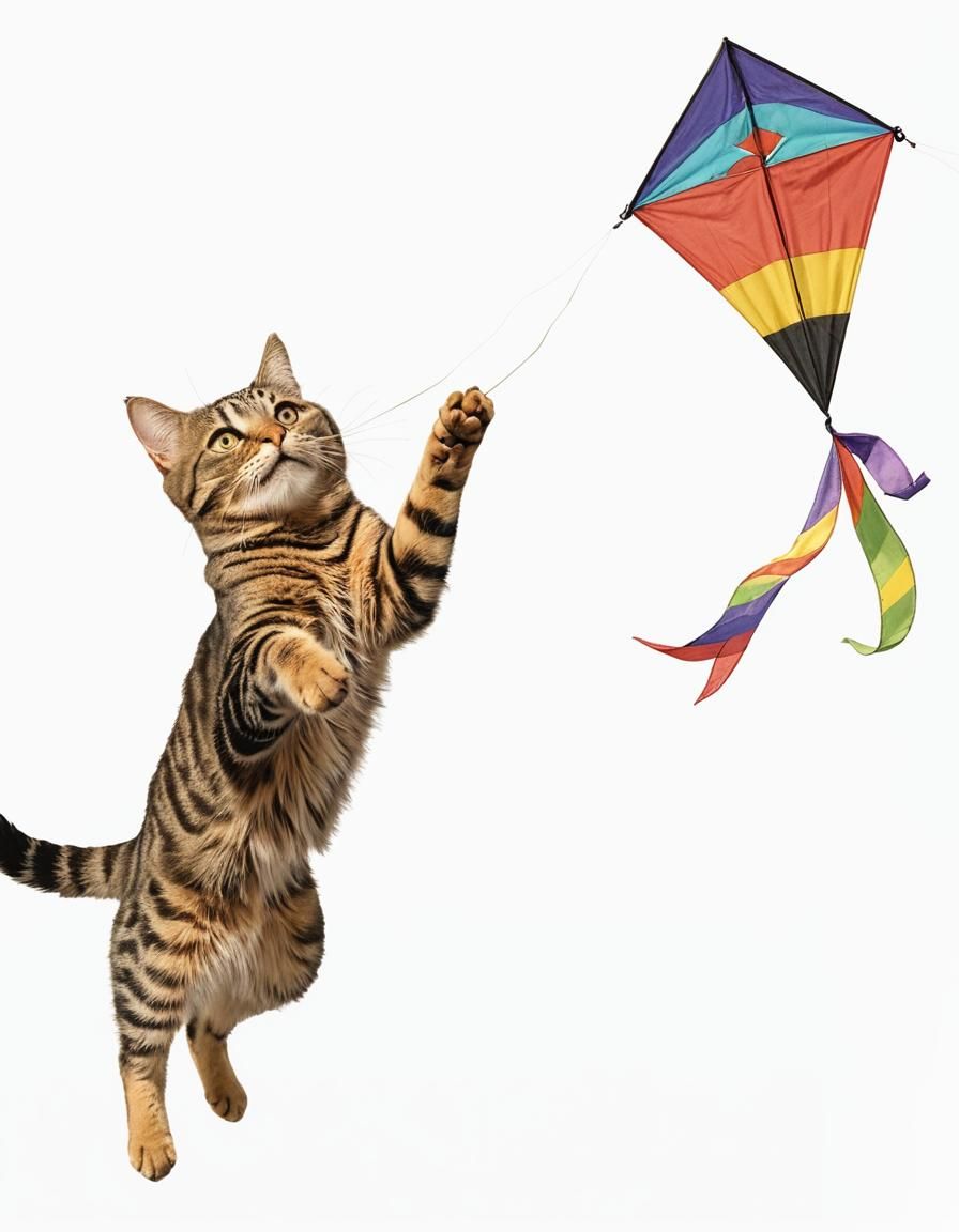 Tabby Cat Soaring While Flying a Kite