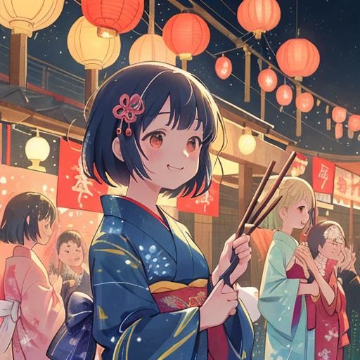 Japanese Festival Scene with Girls in Yukatas