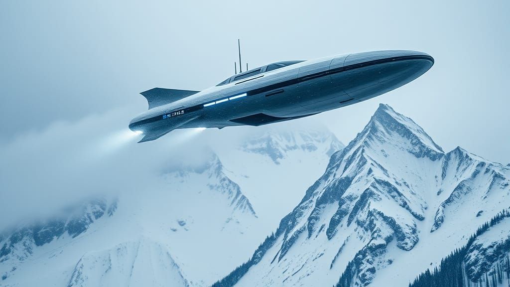 Stealth UFO Over Snowy Alps in Blizzard