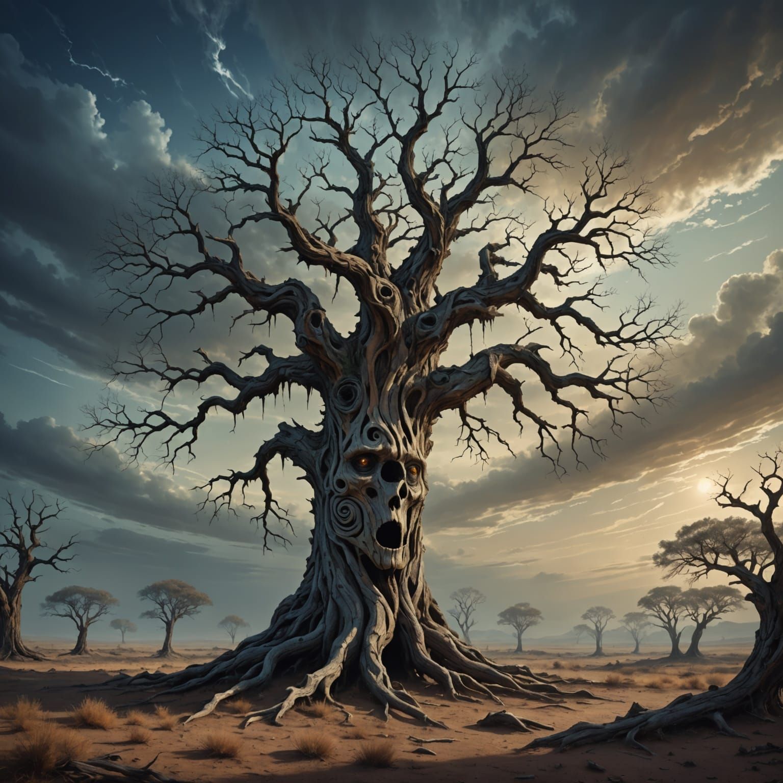Ancient Tree With Human Face in Dreamlike Landscape