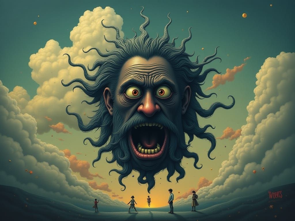 Disgruntled Face Yelling From Stormy Sky