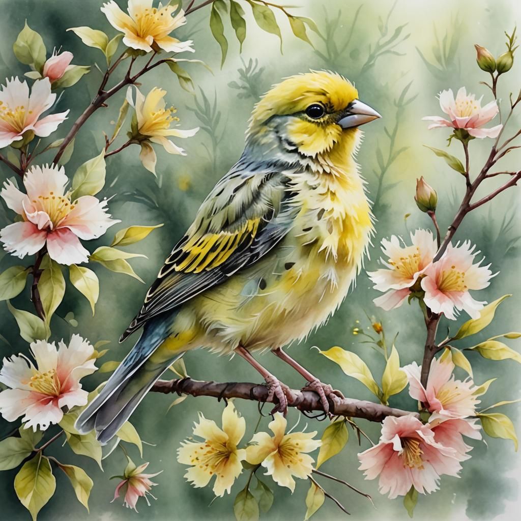 Watercolor. Misty. Pastel. Glass effect Baby canary, heavily accented, very ruffled, shaded feathers, sitting in a tropi...