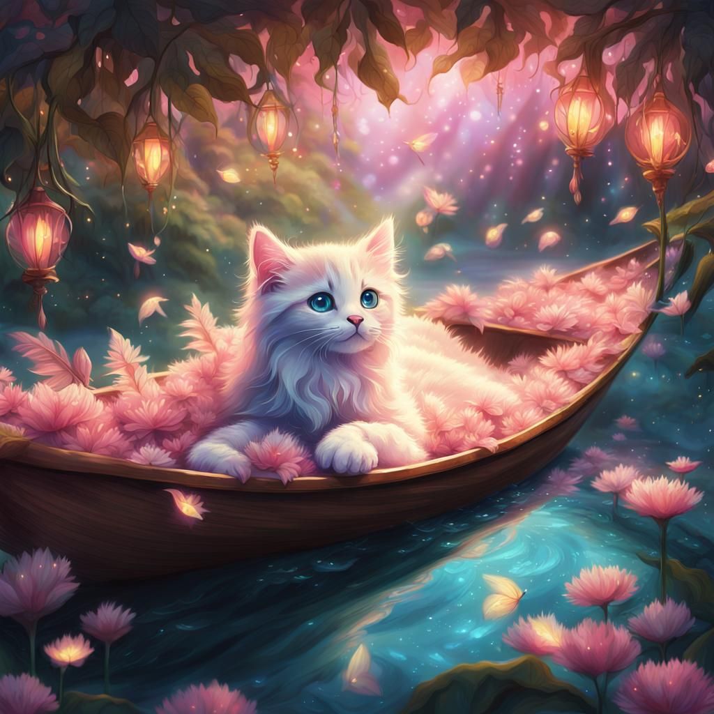 Kitten Fairy on Leaf Boat: Fantasy Matte Painting
