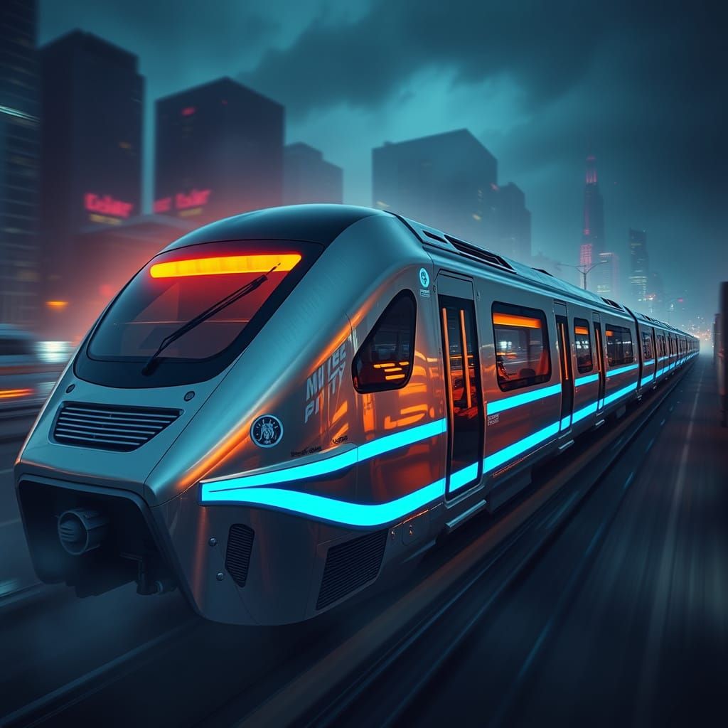 Sleek Futuristic Monorail Speeds Through Cityscape with Elec...