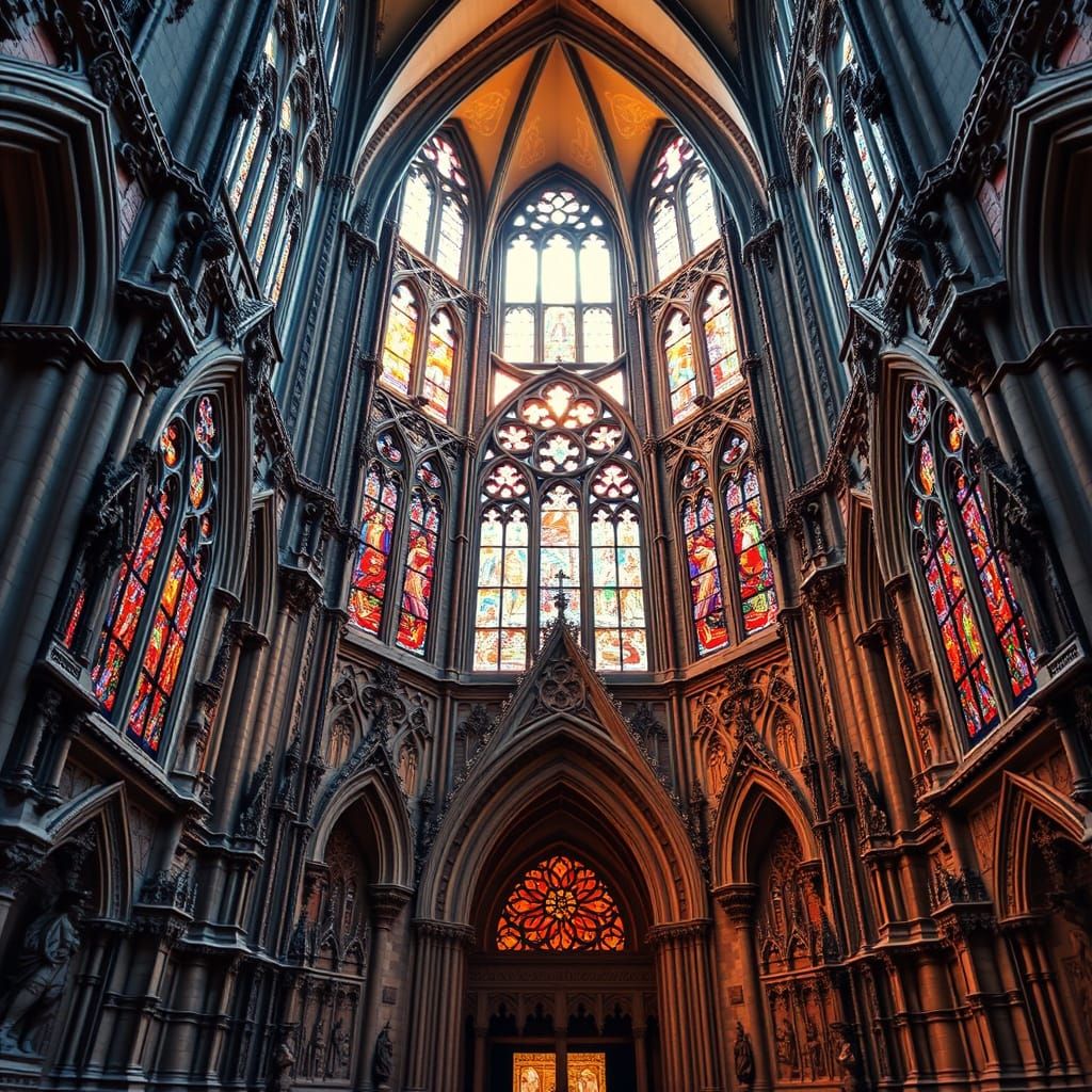 Sunlit Gothic Cathedral with Stone Carvings