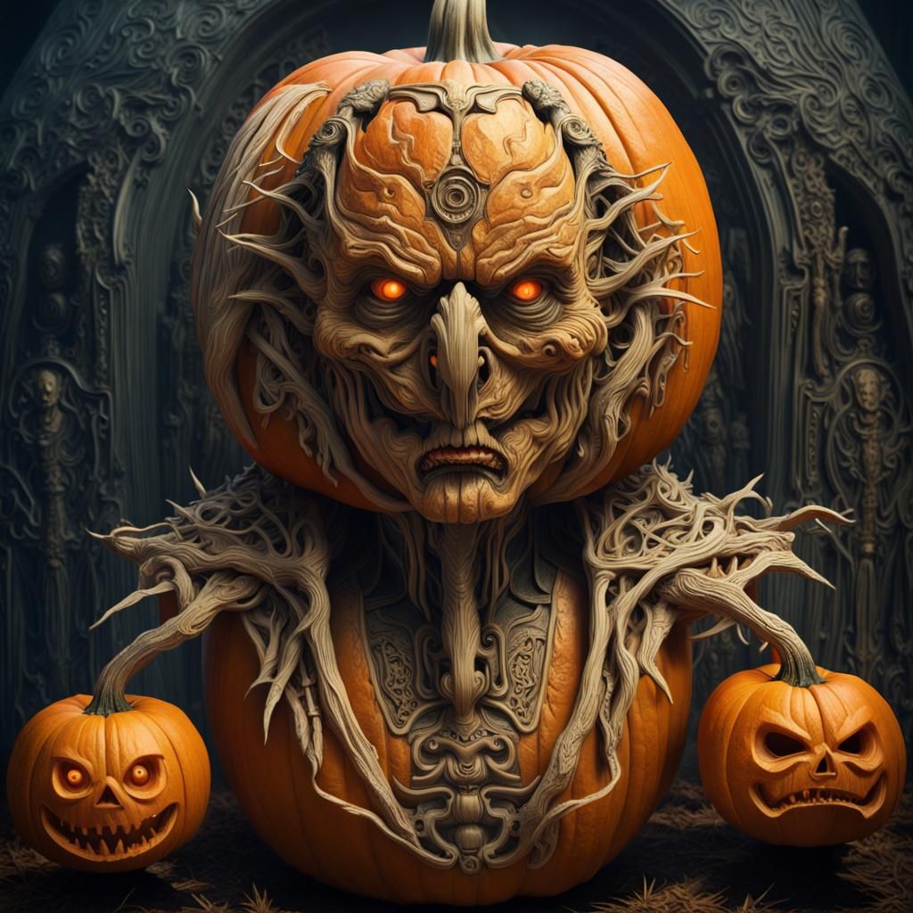 Scary carved pumpkin Baba Yaga wart nosed, carved pumpkin powersuit, by Beeple, HR Giger, Alphonse Mucha, Erik Johansson...