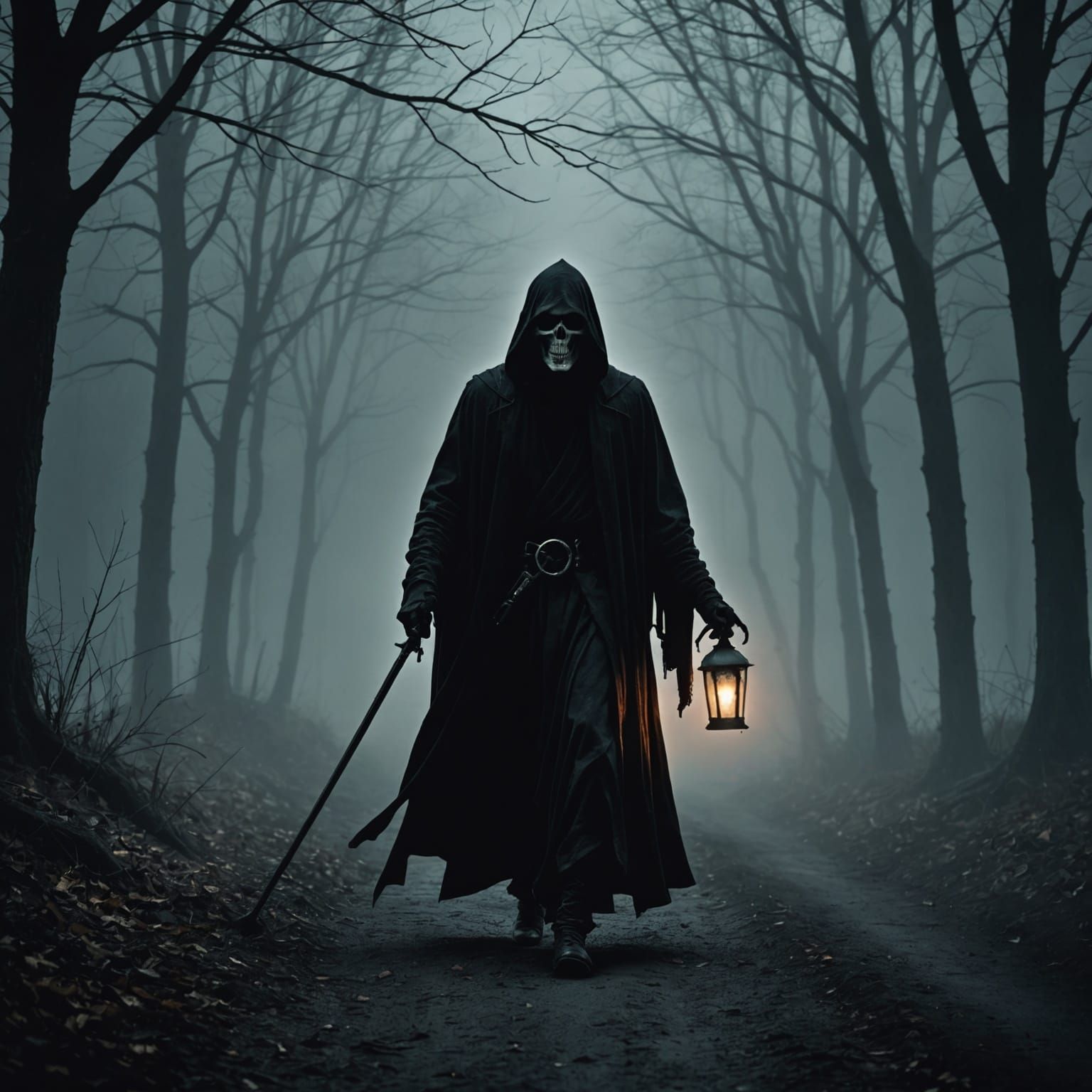 Grim Reaper on Foggy Path with Luminaria