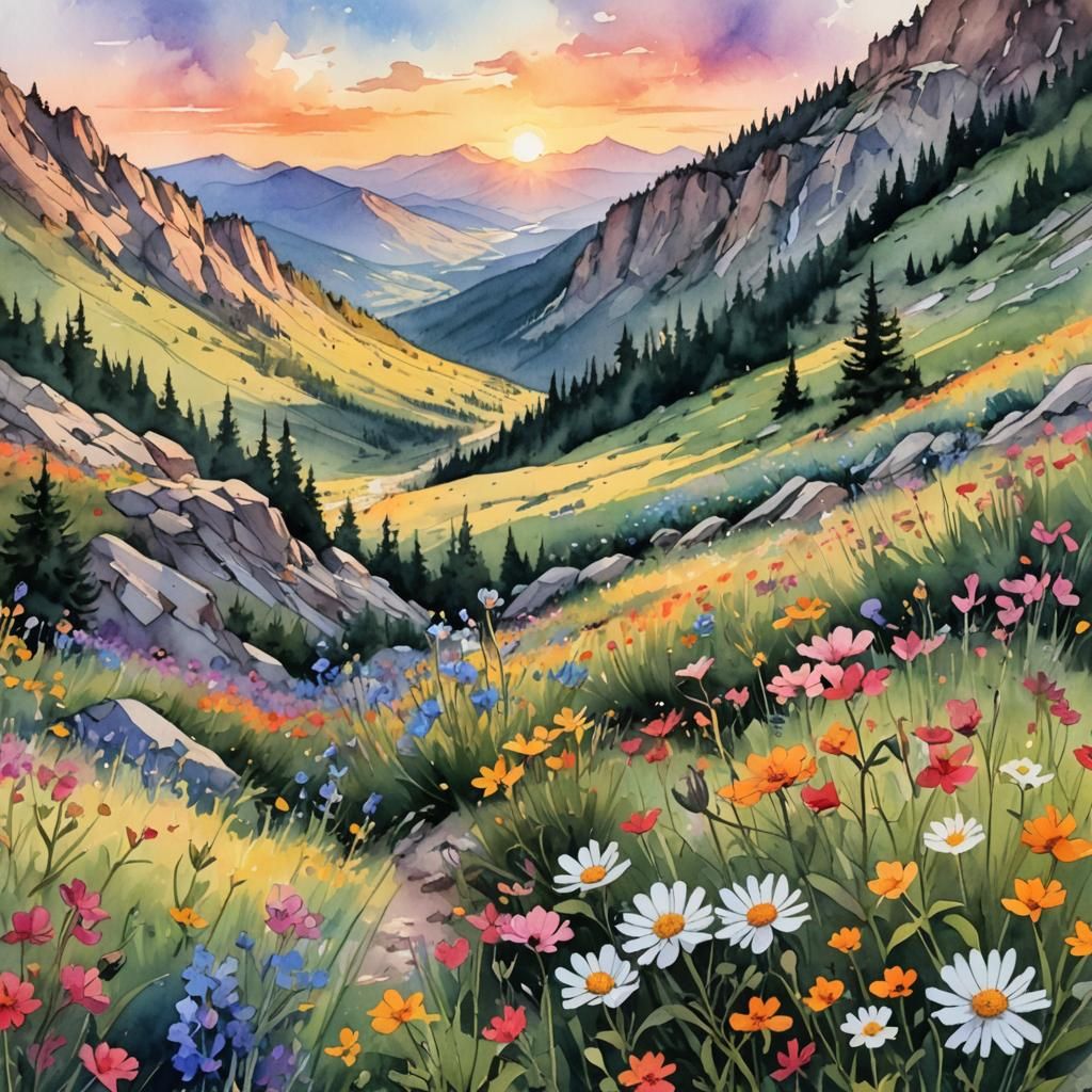 Watercolor Hiker in Mountain Wildflowers, Ethereal Sunset