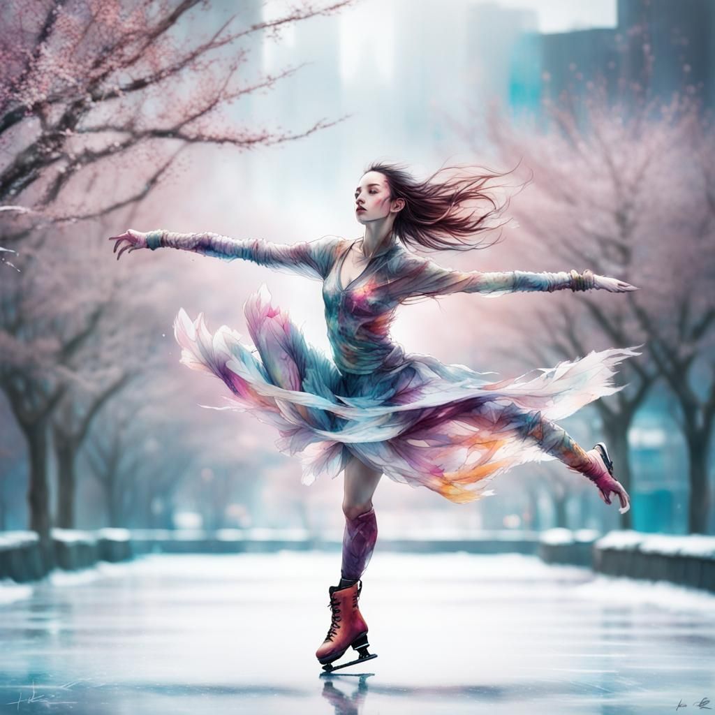 Blossom Figure Skating: Winter Watercolor Art