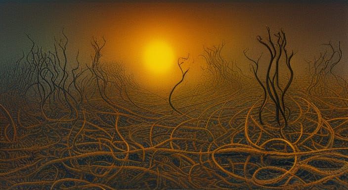 Sinister Landscape with Thorny Vines and Burning Towers