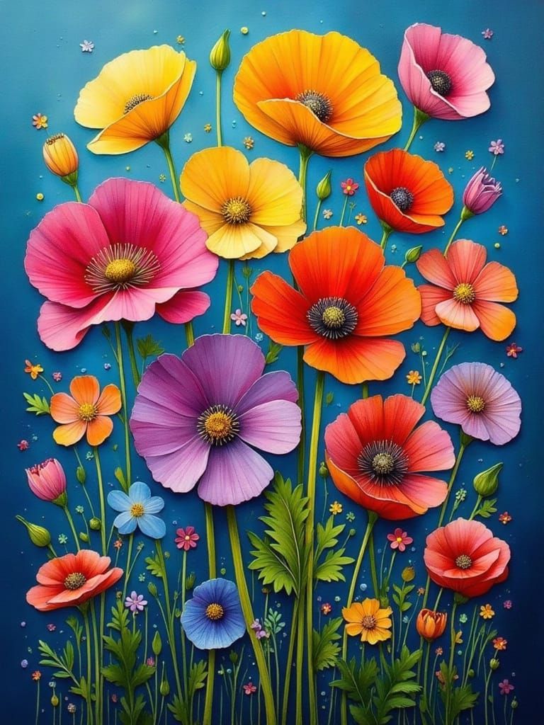 Vibrant Mixed Media Floral Masterpiece in Deep Blues