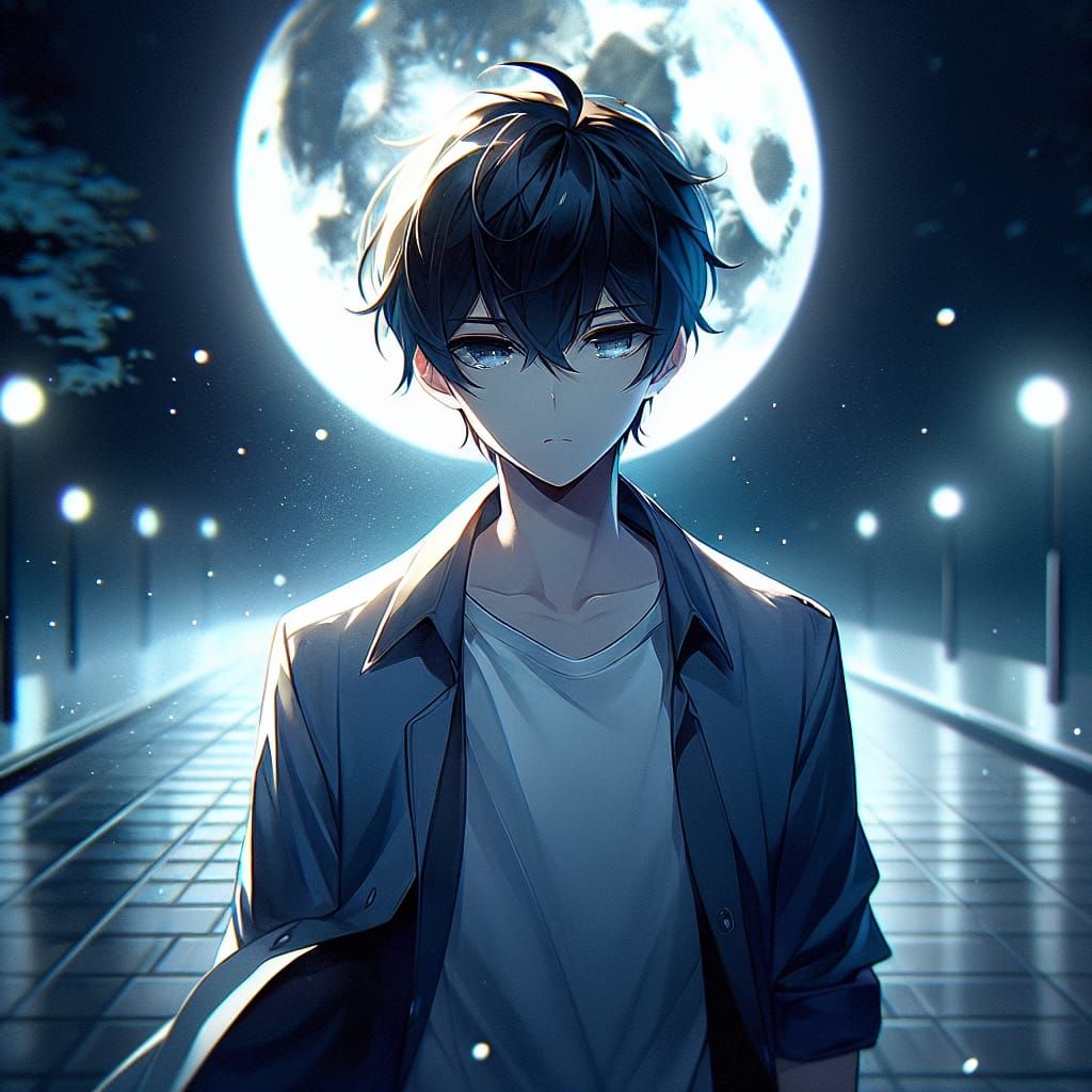 Anime Style Young Man Walks at Night