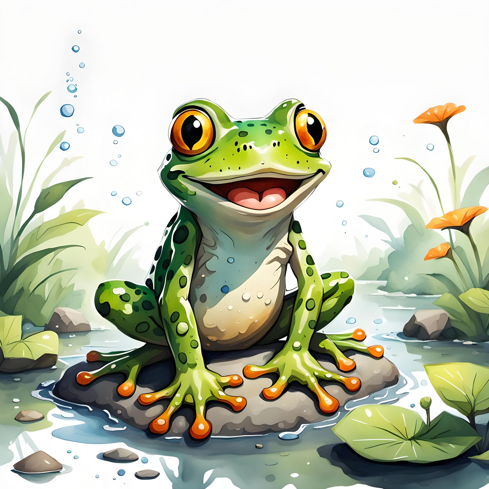 Chibi Smiling Frog Illustration in Watercolor Style