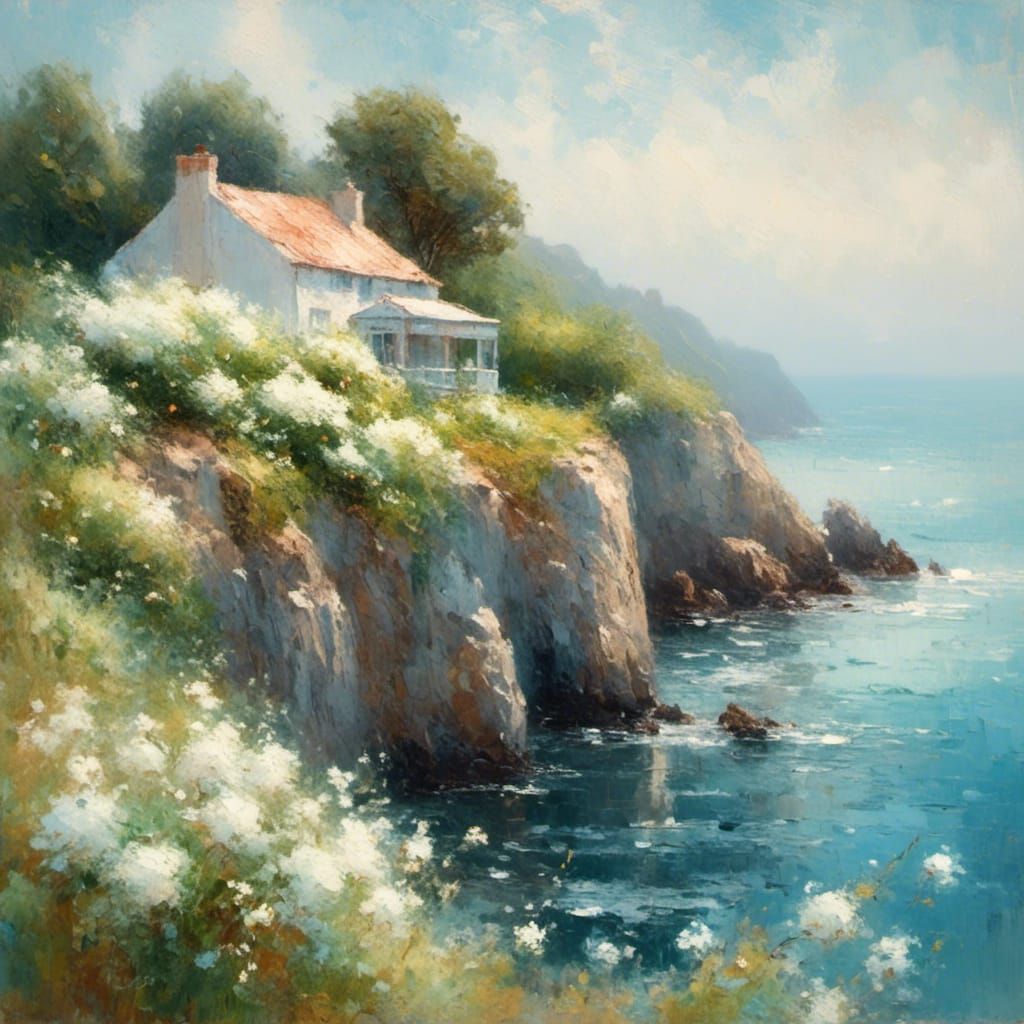 Impressionist Coastal House Overlooking Calm Blue Sea