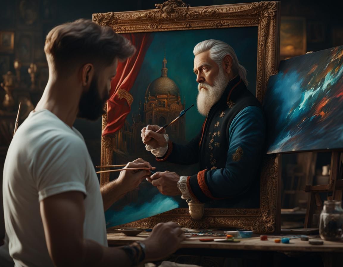 Artist Painting Portrait in Detailed Matte Painting Style
