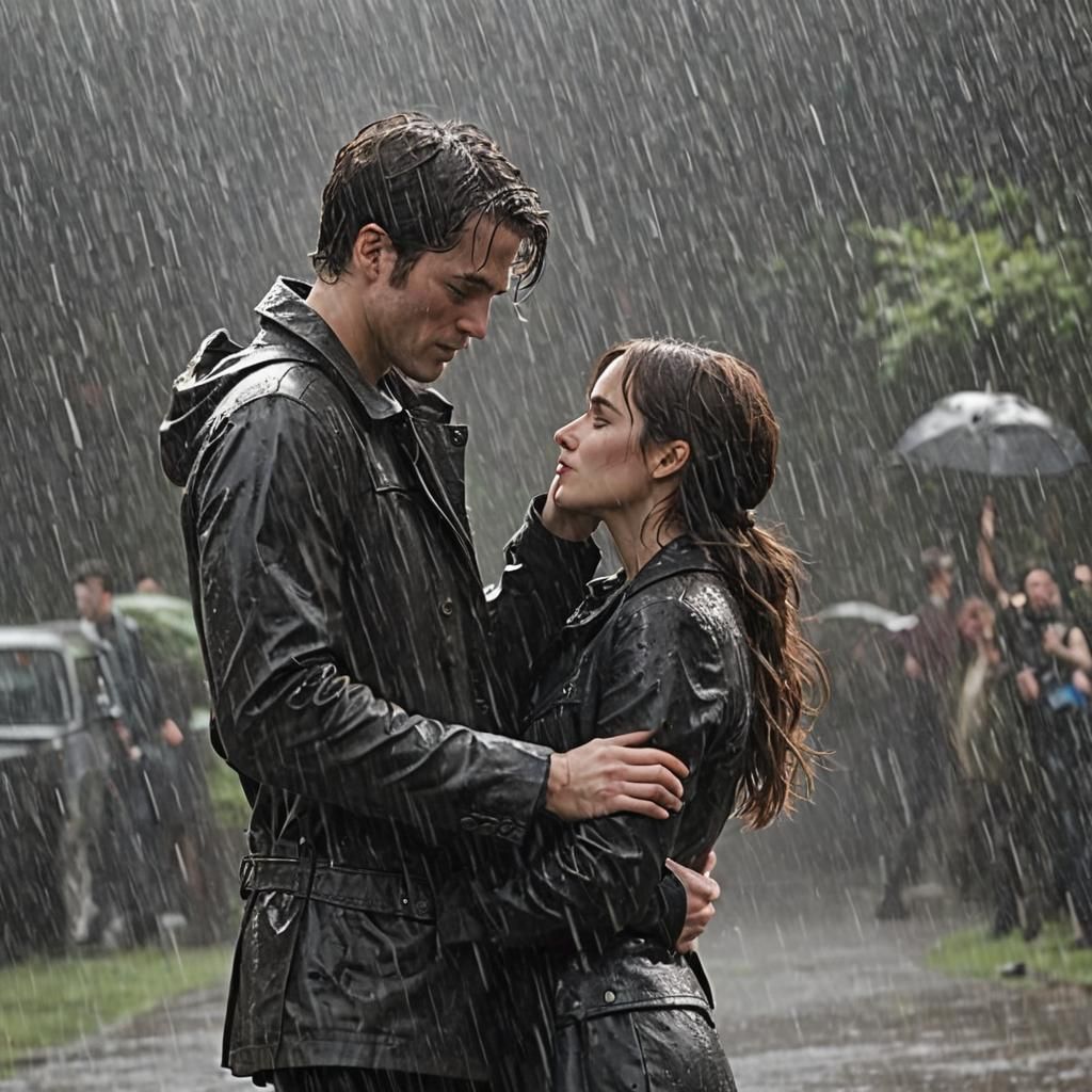 Romantic Reunion: Kissing in the Rain, Digital Art