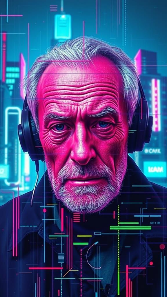 Cyberpunk Old Man's Face Behind Glitching Screens