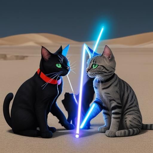 Two cat have lightsabers that fight each other at a desert  with  army of cats who fight other cats with lightsaber whit...