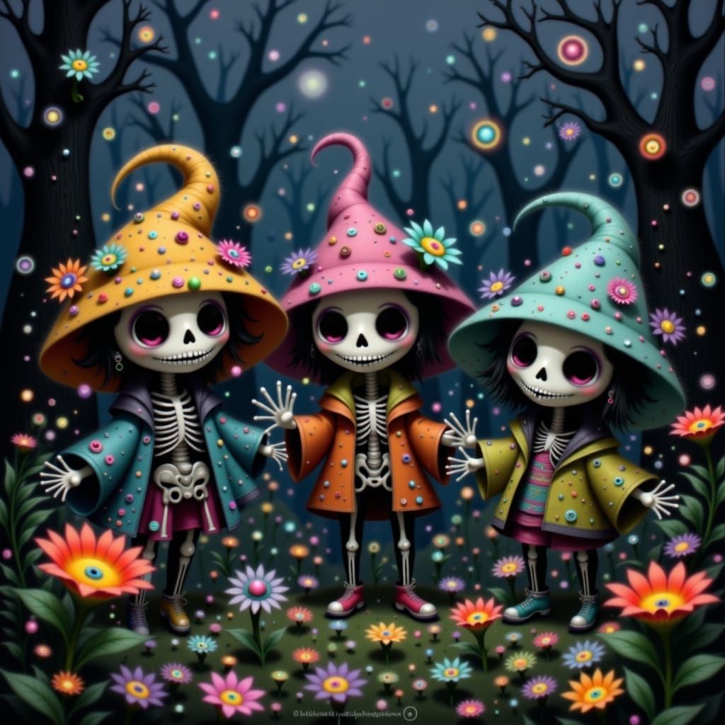 Chibi Skeletons Laughing in Moonflower Graveyard