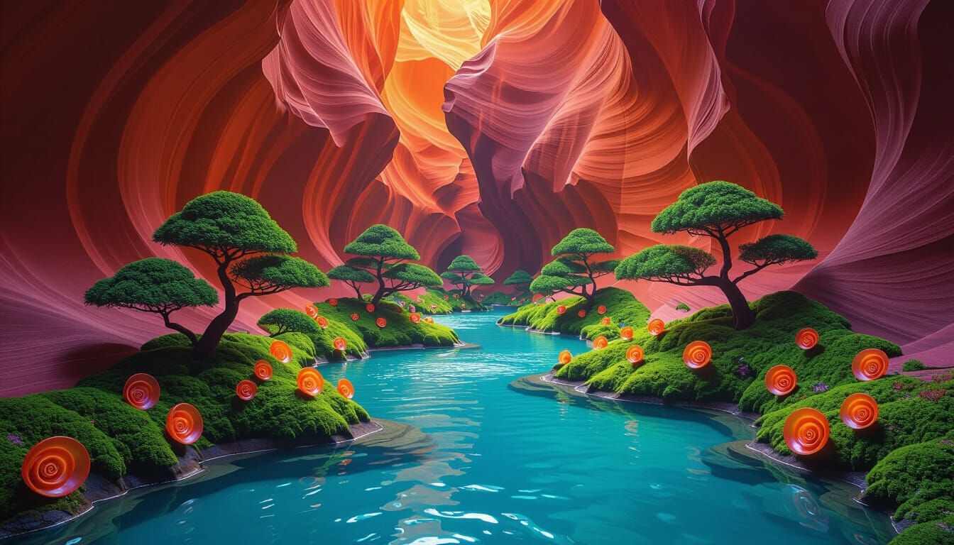 Antelope Canyon Vista with Moss, River, and Bonsai Trees