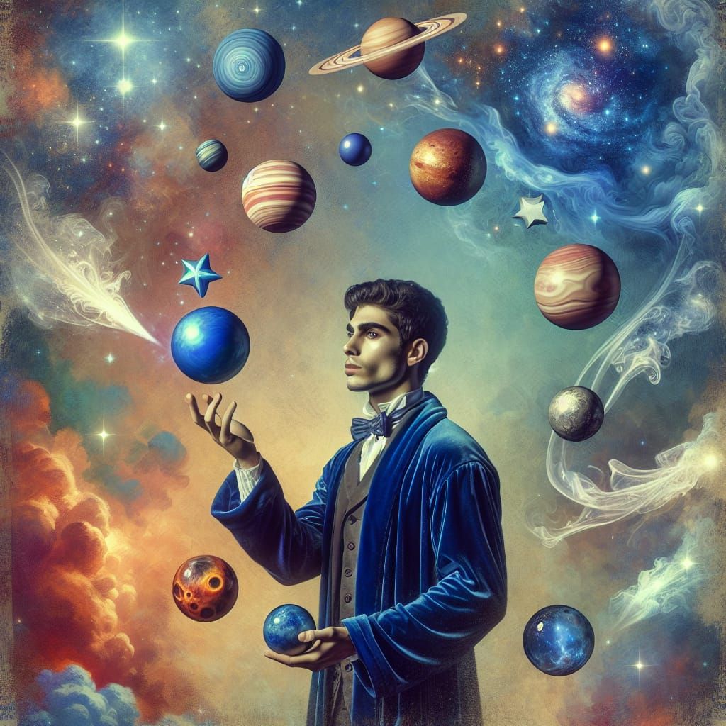 Cosmic Wizard Juggles the Solar System in Elegant Blue Velve...
