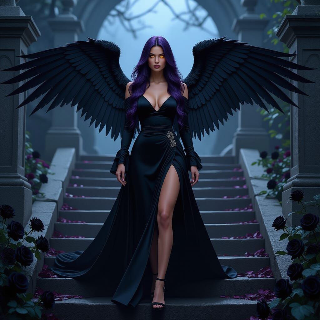 Dark Angel with Purple Hair and Black Wings