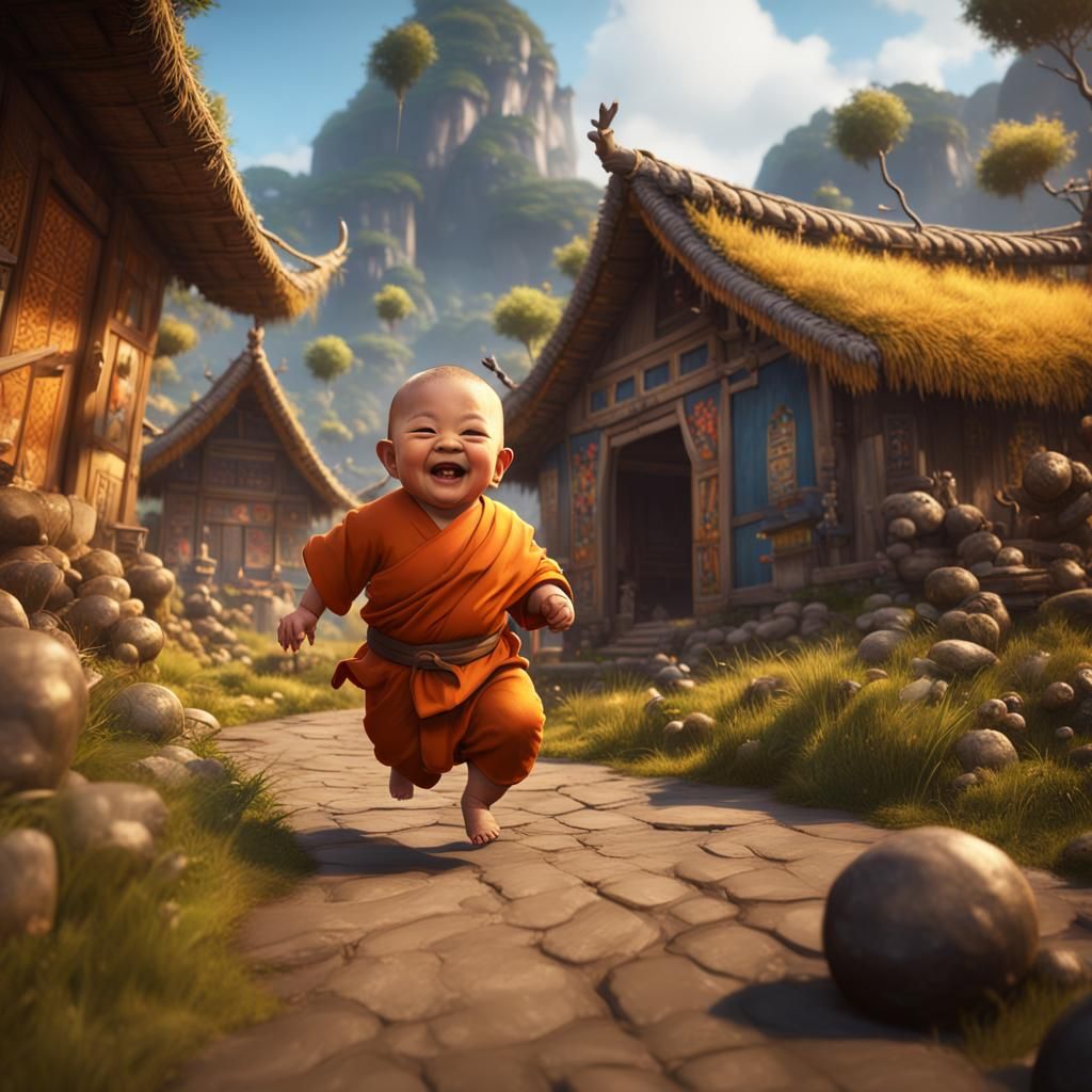 Joyful Baby Monk Running Through Bao Village