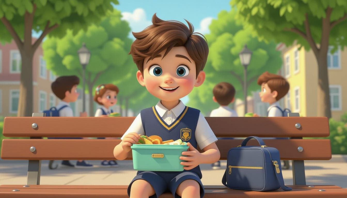 Young Boy Eats Lunch on Park Bench With Friends