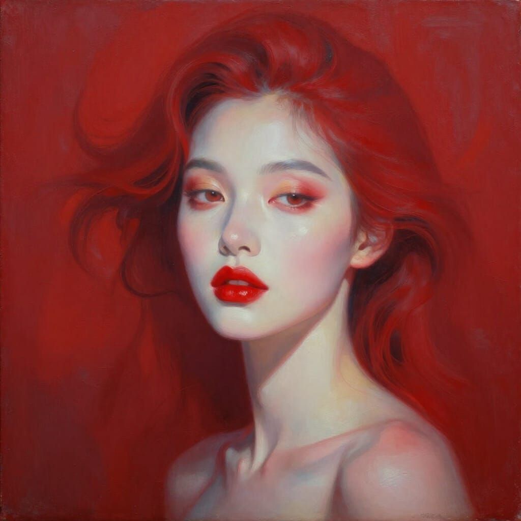 Ethereal Woman in Surreal Red Dreamscape Painting