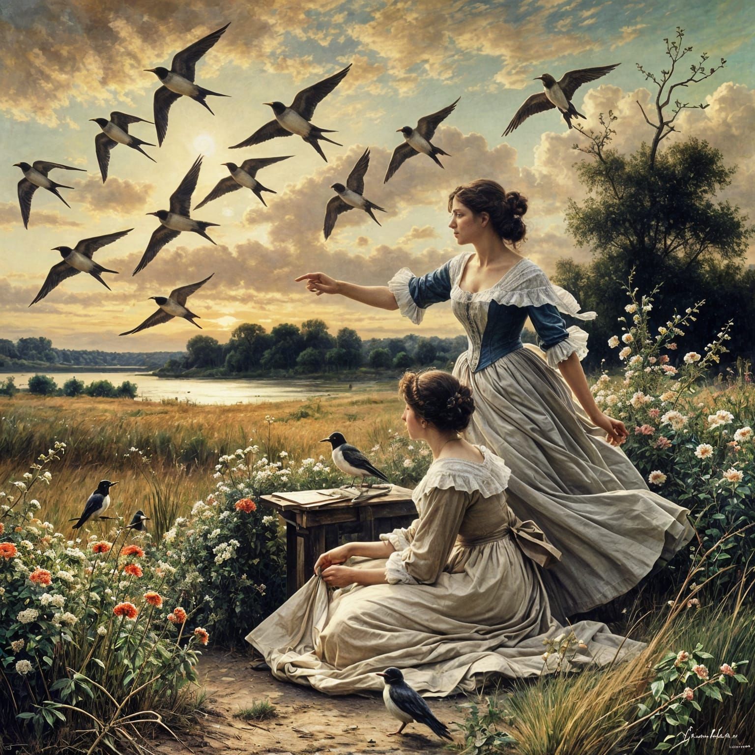 Golden Sunset Swallows Departure in Impressionist Style