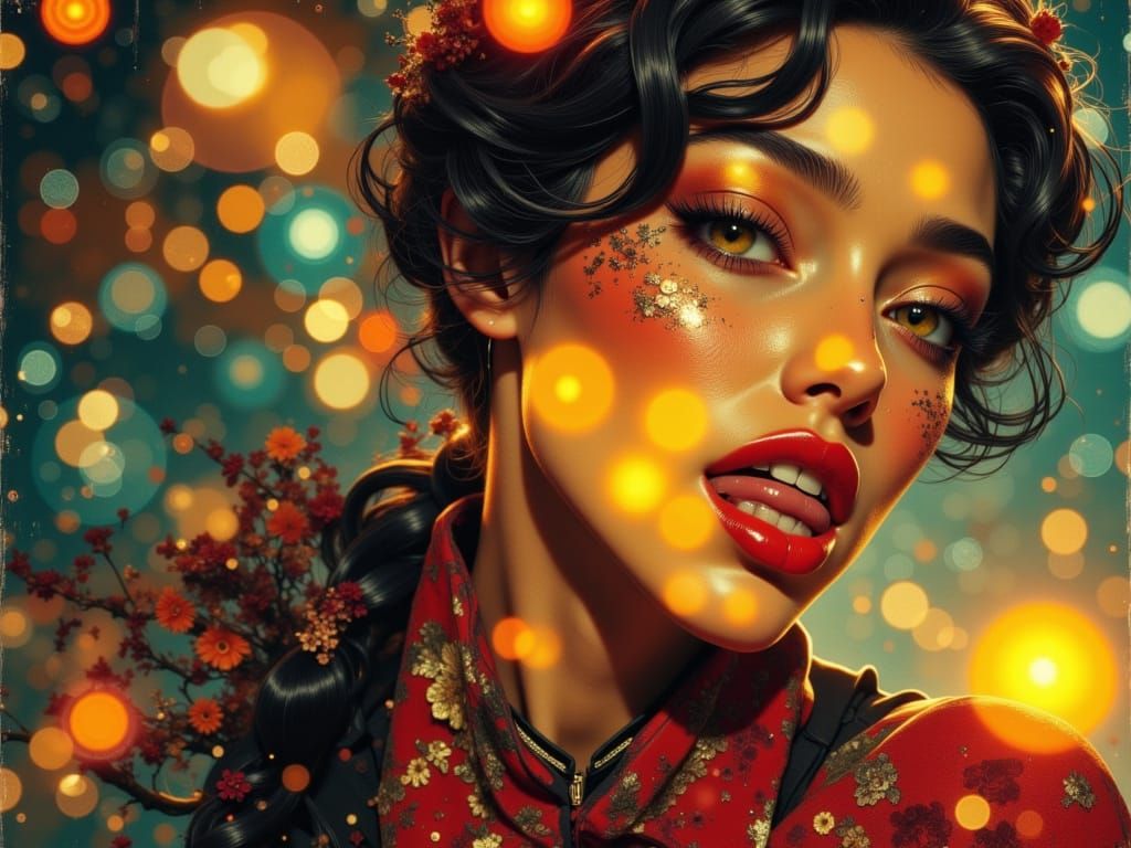 Mary Poppins with Birds in Neon Sky