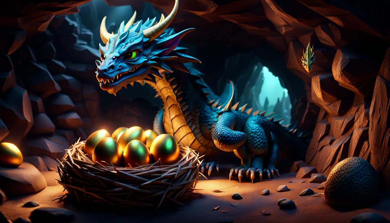 Dragon Guarding Gold Eggs in Nest: 3D Digital Art