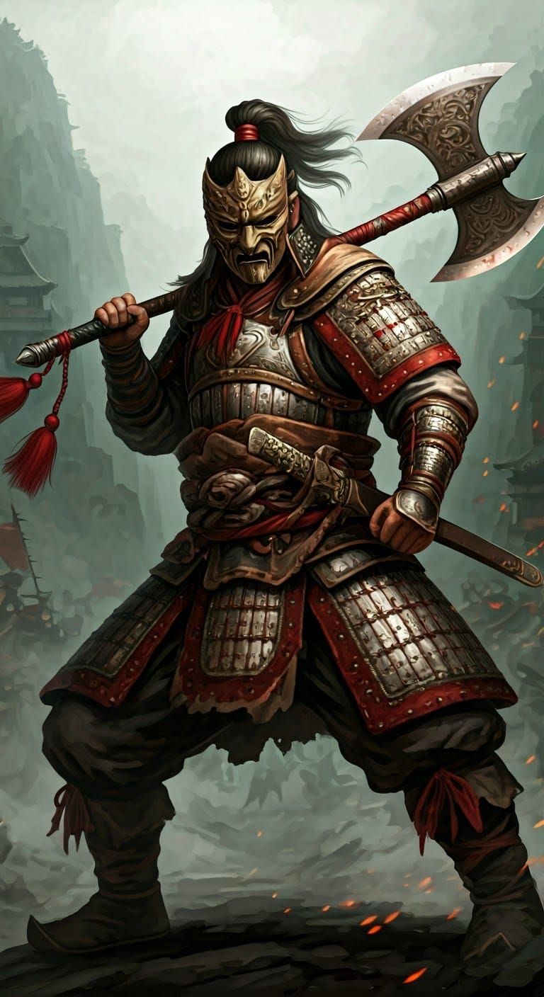 Chinese Warrior Swinging Double-Bladed Axe