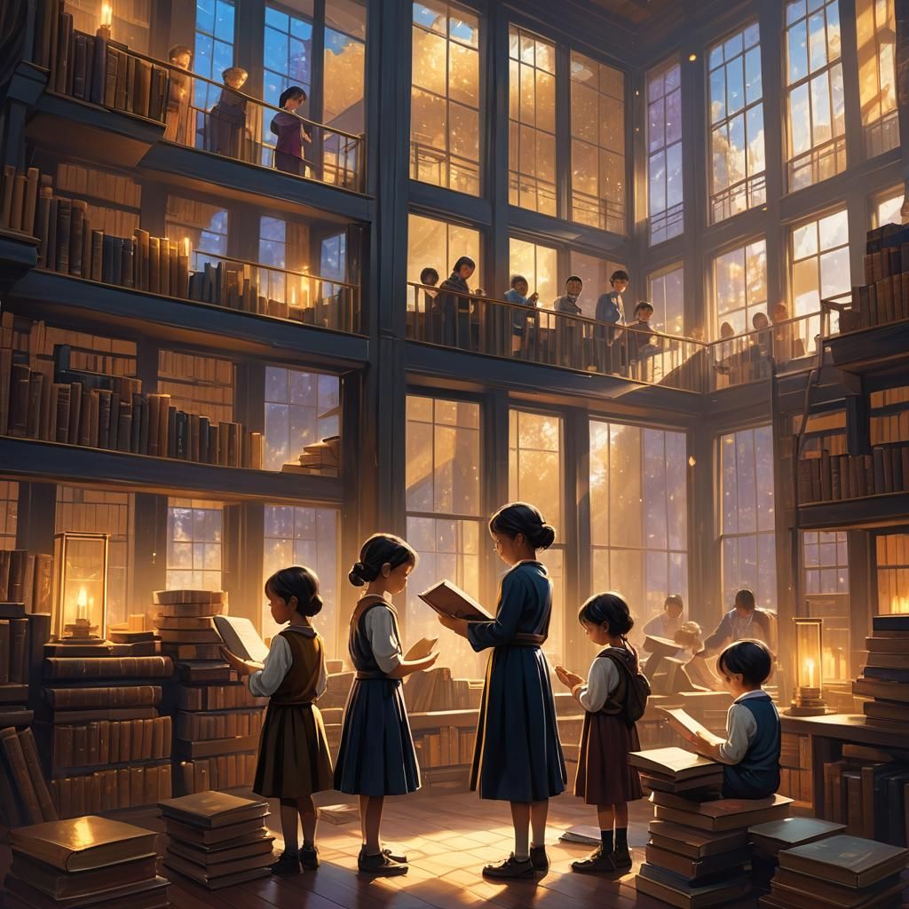 Children Learning in Library: Matte Painting Concept Art