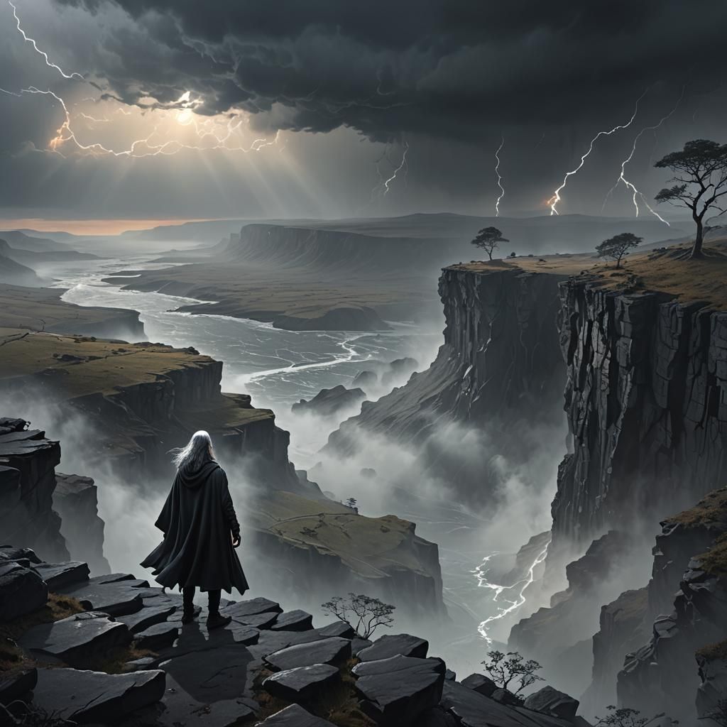 Desolate Figure Overlooking Stormy Landscape in Digital Art