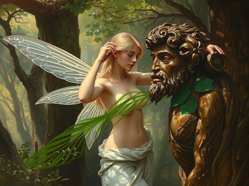 Pre-Raphaelite Fairy Woman Touches Forest Statue
