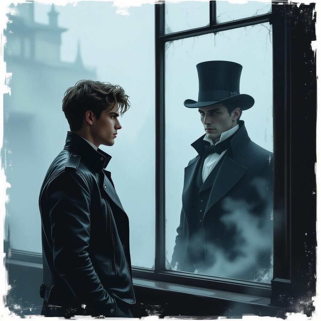 Surreal Reflection: Young Man and Victorian Gentleman