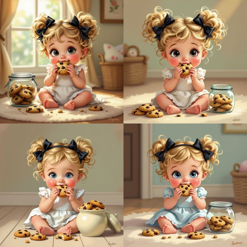 Cute Baby Girl with Curly Blonde Hair Eating Cookies