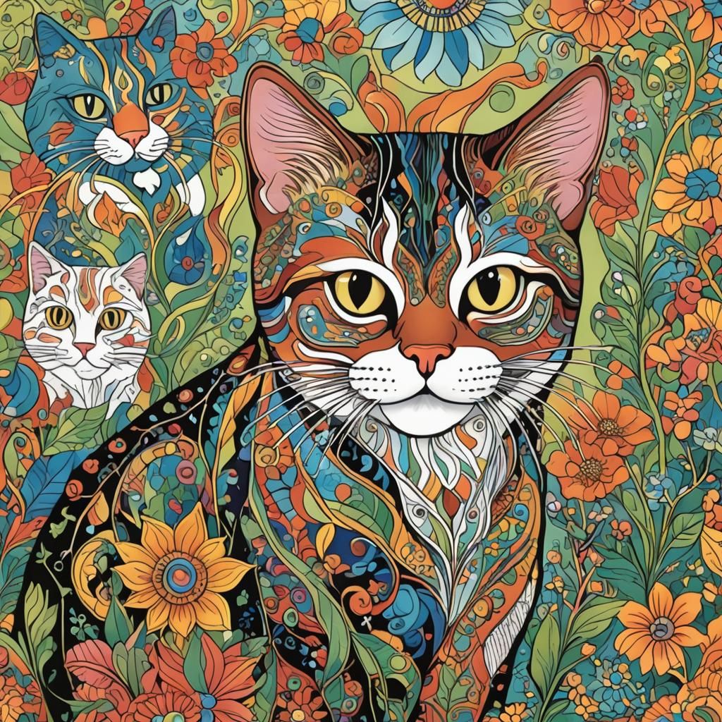 Abstract Cats Coloring Book Page in Complementary Colors