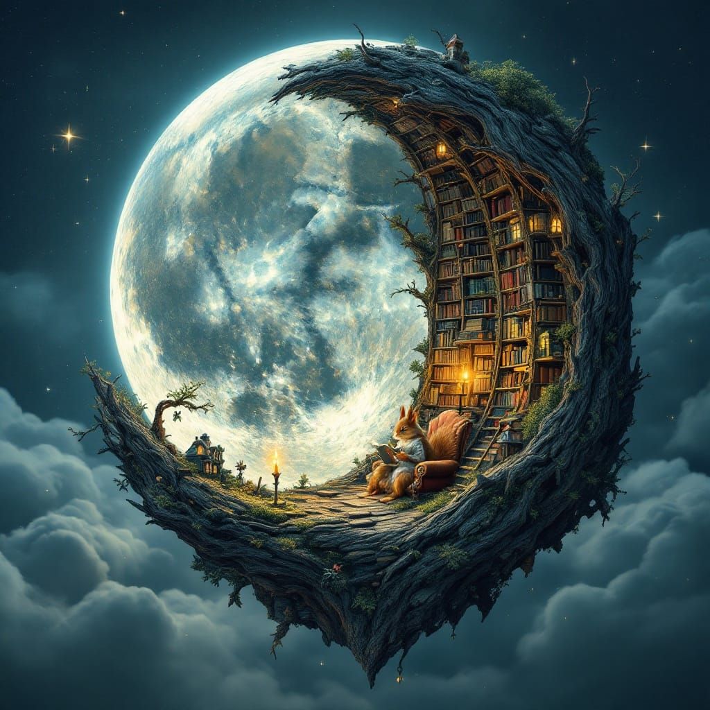 Surreal Library Scene in a Celestial Aesthetic