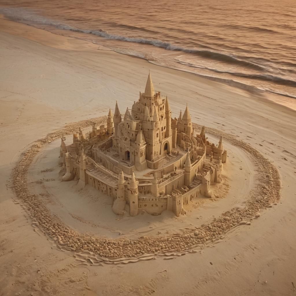 Ornate Sand Castle at Sunset: Fantasy Architecture