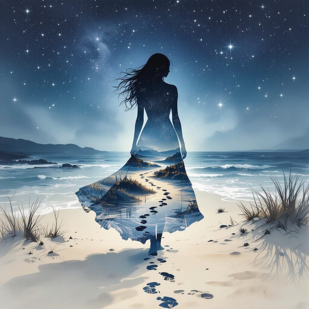 Watercolor Silhouette of Woman on Beach Path