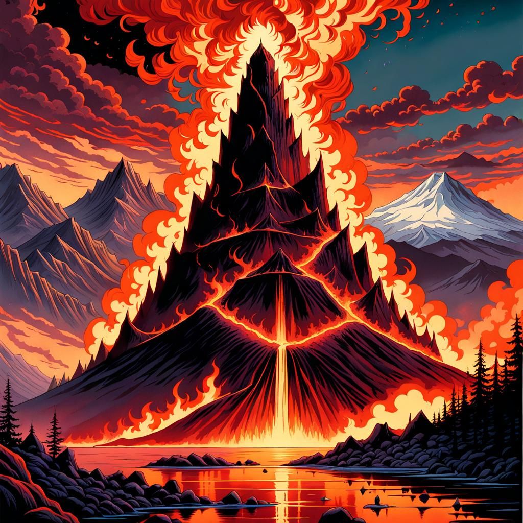 Villain's Gothic Hideout in Volcanic Landscape, Watercolor