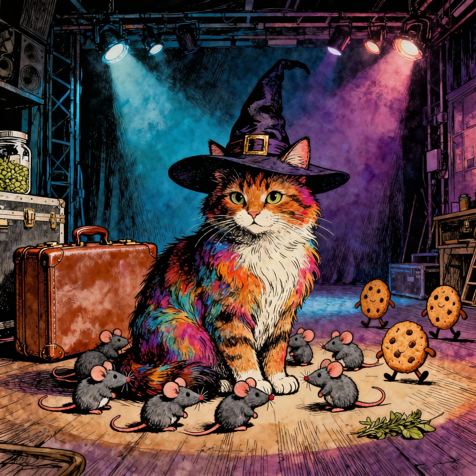 Witch Cat Bella with Plushy Mice and Walking Cookies in Vint...