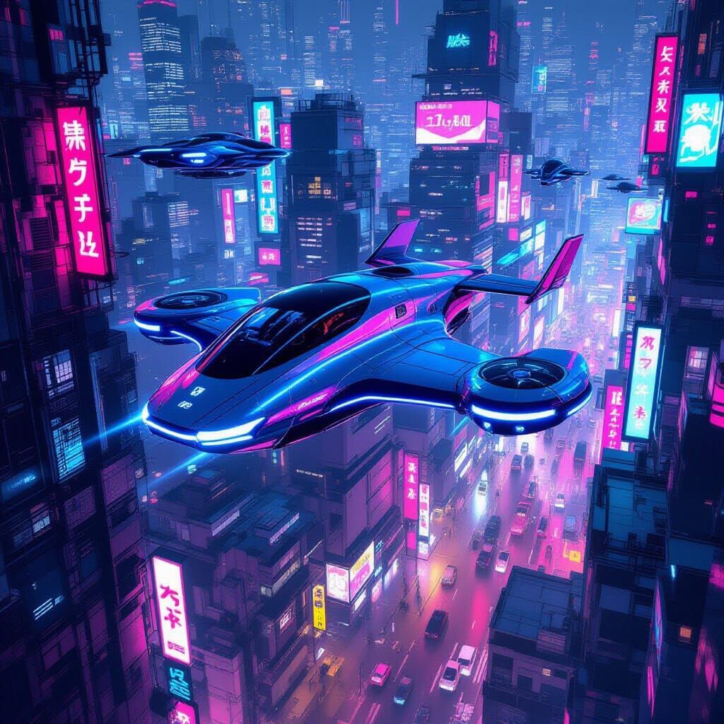 Cyberpunk Flying Taxi Soaring Through Cityscape