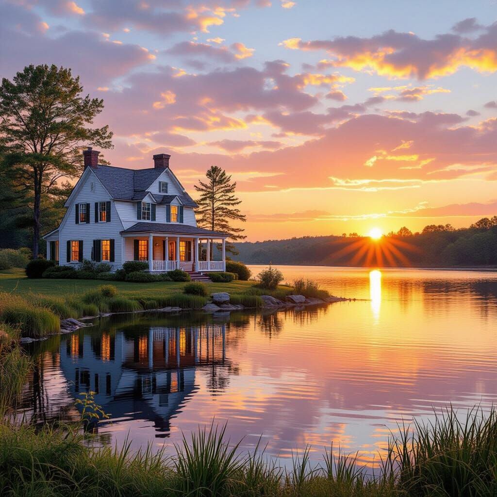 Idyllic Cottage at Sunset on Lake