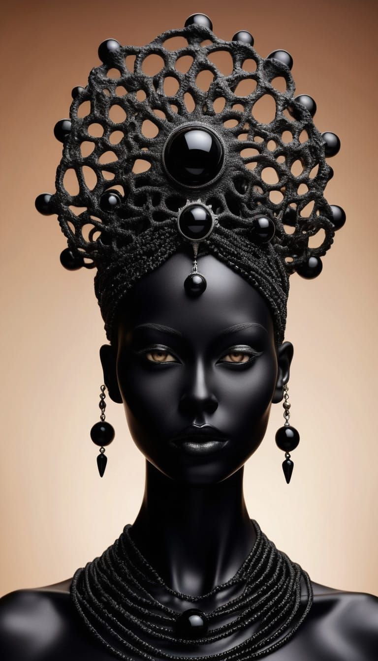 Surrealistic Black Onyx Goddess with Bio-Mechanical Accents
