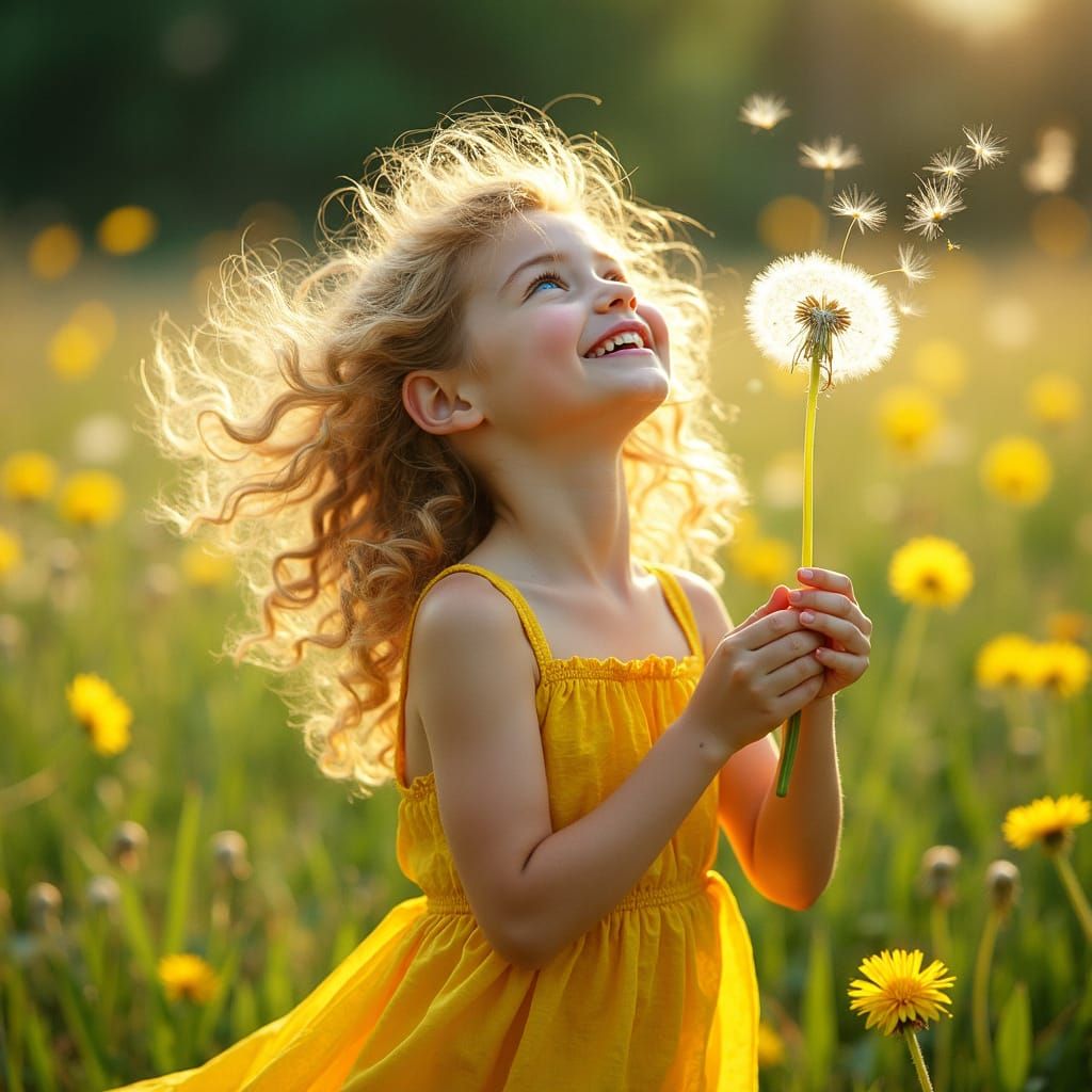 Sunny Meadow Girl with Dandelion Halo