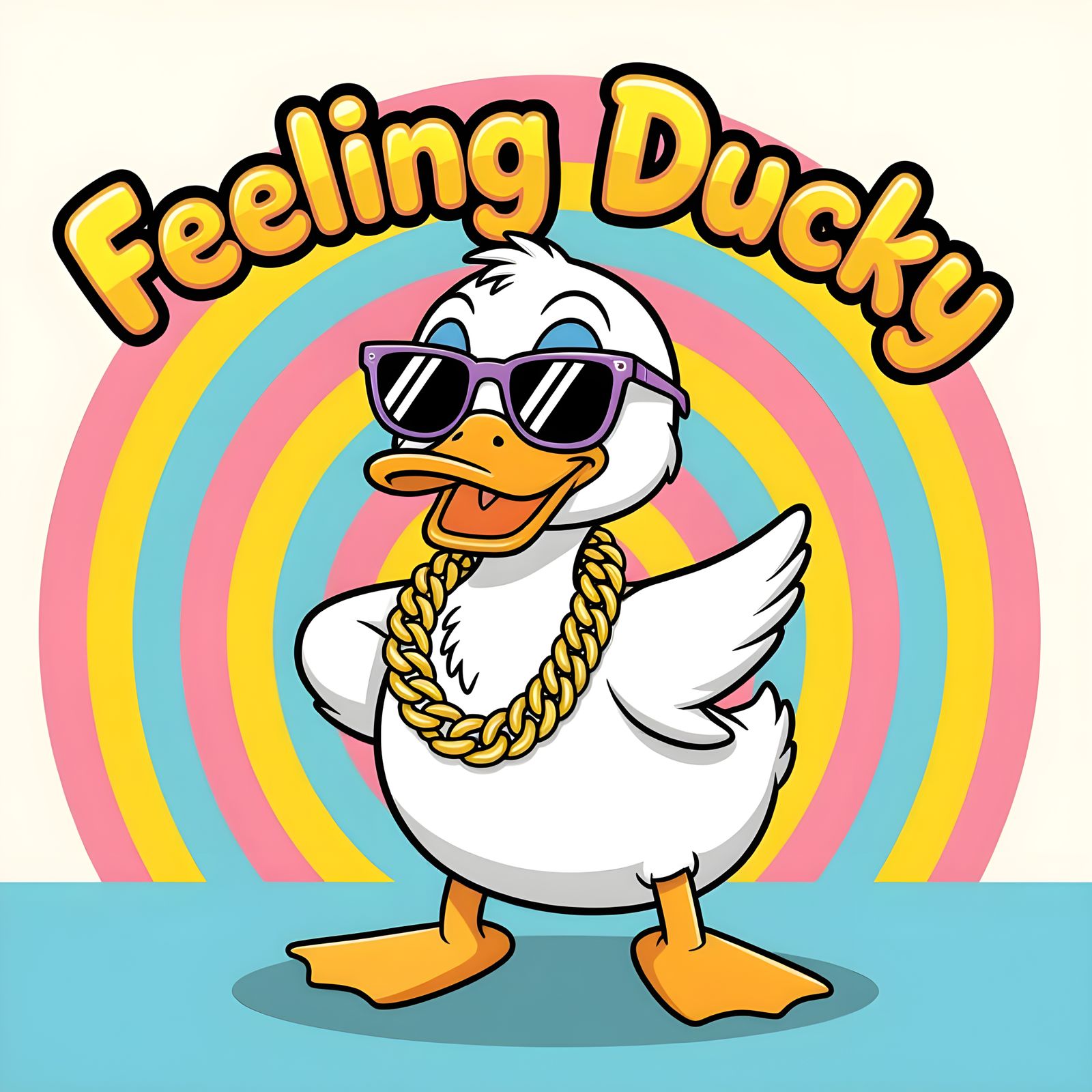 Cartoon Duck with Sunglasses in Pastel Rainbow