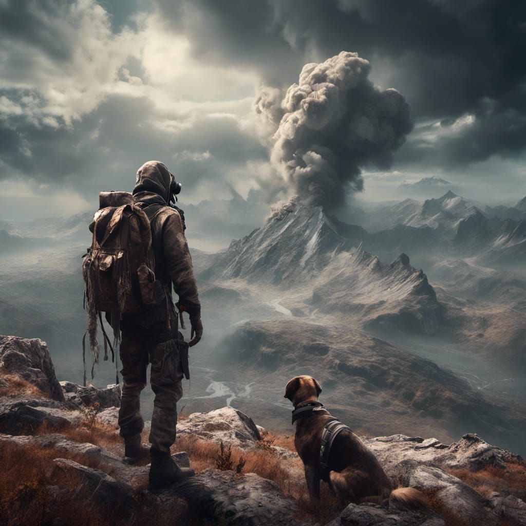 Apocalyptic Survivor with Dog, Cinematic 3D Art